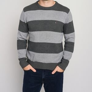 Tommy Hilfiger Men's Medium 💯 Cotton Gray Striped Crew Neck Sweater